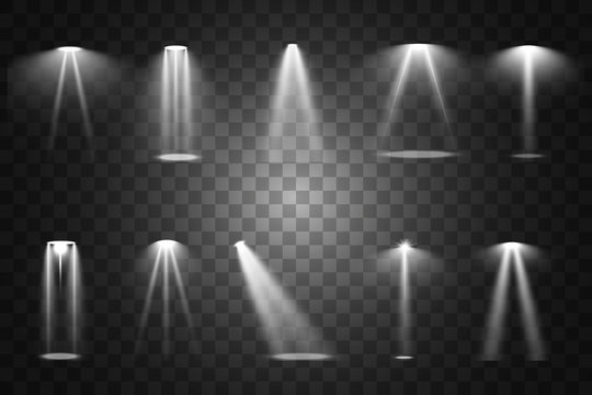 Stage lighting, a collection of transparent effects. Bright lighting with spotlights. Vector illustration.