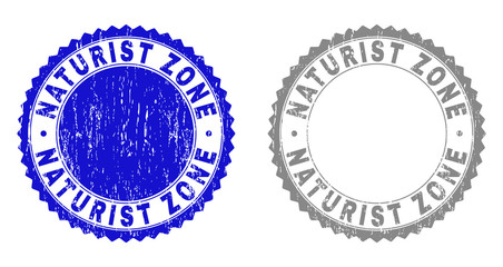 Obraz premium Grunge NATURIST ZONE stamp seals isolated on a white background. Rosette seals with distress texture in blue and gray colors. Vector rubber stamp imitation of NATURIST ZONE tag inside round rosette.