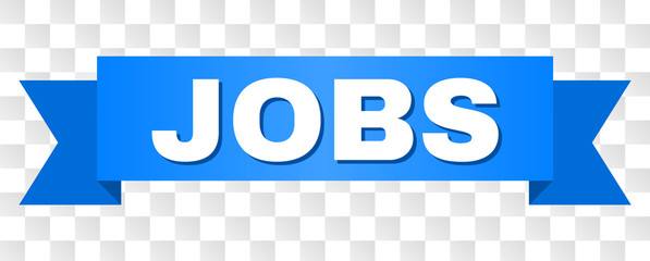 JOBS text on a ribbon. Designed with white caption and blue stripe. Vector banner with JOBS tag on a transparent background.
