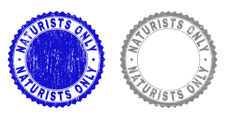 Grunge NATURISTS ONLY stamp seals isolated on a white background. Rosette seals with grunge texture in blue and gray colors. Vector rubber stamp imitation of NATURISTS ONLY title inside round rosette.