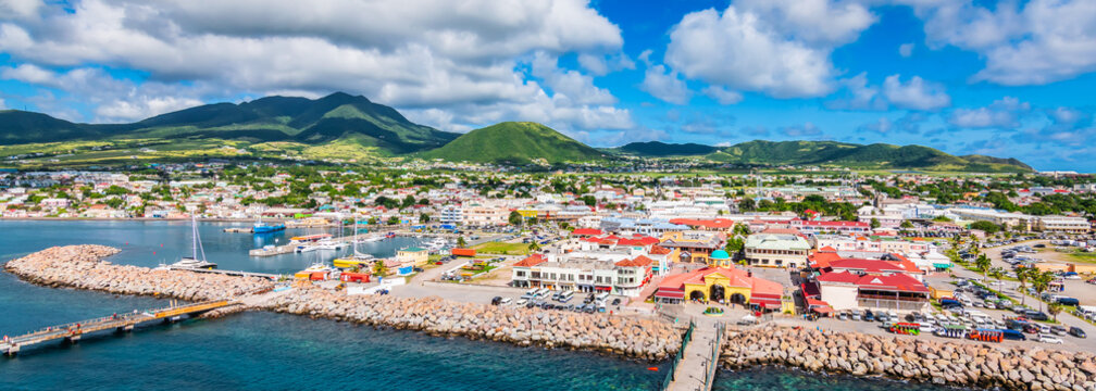 Saint Kitts and Nevis, Caribbean.  Panoramic view of port Zante, Basseterre.