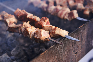 Grilling marinated shashlik on a grill. Shashlik is a form of Shish kebab popular in Europe and other places