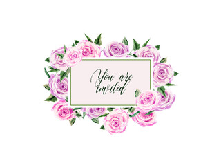 Floral wedding Invitation, save the date, thank you, rsvp card Design template. Pink bunch roses with leaves. Hand painted in watercolor