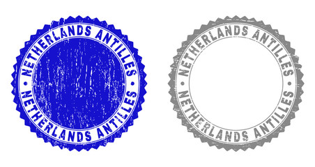 Grunge NETHERLANDS ANTILLES stamp seals isolated on a white background. Rosette seals with grunge texture in blue and grey colors.