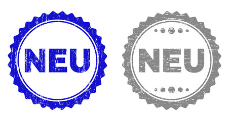 Grunge NEU stamp seals isolated on a white background. Rosette seals with grunge texture in blue and grey colors. Vector rubber stamp imitation of NEU title inside round rosette.