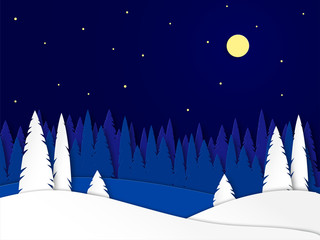 Winter landscape on a moonlit night. Snowy trees in a park or forest. Design in the style of paper art. Vector illustration