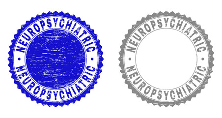 Grunge NEUROPSYCHIATRIC stamps isolated on a white background. Rosette seals with grunge texture in blue and grey colors. Vector rubber stamp imprint of NEUROPSYCHIATRIC caption inside round rosette.
