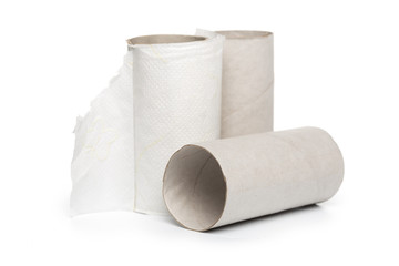 Leftover tissue paper roll on white background.