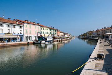 Fototapeta na wymiar View of the Porto Leonardesco Canal of Cesenatico on a summer day, Emilia Romagna, Italy.