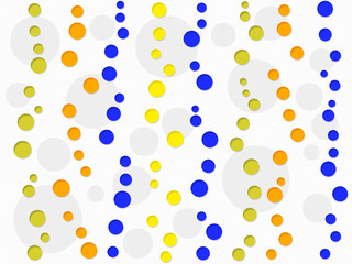 Multi colored circles on white. Chaotic pattern. On white background are yellow, blue, orange, golden circles of different sizes on light gray circles.