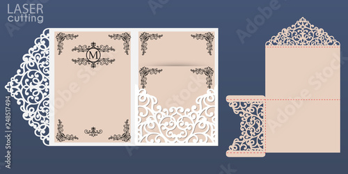Laser Cut Wedding Invitation Card Vector Template Tri Fold Pocket Envelope  Wedding Lace Invitation Mockup Wall Mural-raynv