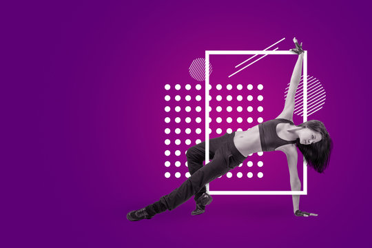 A young attractive female dancer doing a downrock dance move on a purple background with white circular and rectangular shapes.