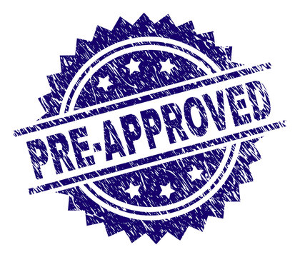 PRE-APPROVED stamp seal watermark with distress style. Blue vector rubber print of PRE-APPROVED label with scratched texture.