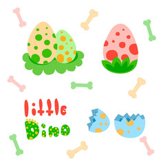 Set of Dotted Colored Easter Dinosaur Eggs. lettering - Little Dino. Vector illustration in flat design.