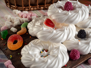 dessert, tea, meringue, cookies, wafer tube, black tea, oatmeal cookies, sugar wafers, biscuit in chocolate, basket, flax
