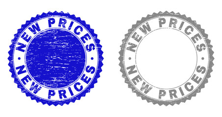 Grunge NEW PRICES stamp seals isolated on a white background. Rosette seals with grunge texture in blue and gray colors. Vector rubber stamp imprint of NEW PRICES text inside round rosette.