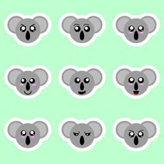 Set of koala stickers. Different emotions, expressions. Sticker in anime style. Vector Illustration for your design.