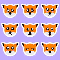 Set of fox stickers. Different emotions, expressions. Sticker in anime style. Vector Illustration for your design.