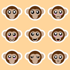 Set of monkey stickers. Different emotions, expressions. Sticker in anime style. Vector Illustration for your design.