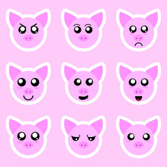 Set of pig stickers. Different emotions, expressions. Sticker in anime style. Vector Illustration for your design.