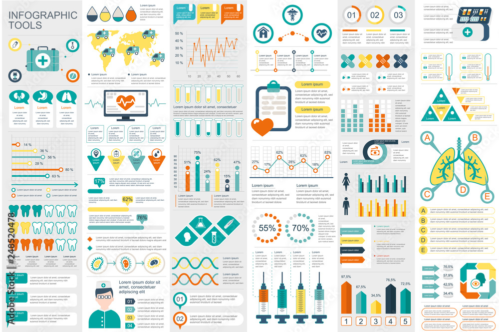 Aufkleber Medical infographic elements data visualization vector design template. Can be used for steps, options, workflow, diagram, flowchart concept, timeline, healthcare icons, research, info graphics.