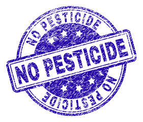 NO PESTICIDE stamp seal imprint with grunge texture. Designed with rounded rectangles and circles. Blue vector rubber print of NO PESTICIDE title with grunge texture.