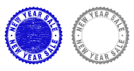 Grunge NEW YEAR SALE stamp seals isolated on a white background. Rosette seals with grunge texture in blue and gray colors. Vector rubber stamp imprint of NEW YEAR SALE title inside round rosette.