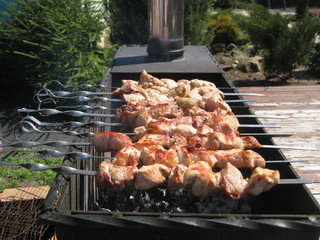   Shish kebab on skewers roasting on the grill. On a Sunny summer day, marinated meat is cooked on the fire. Each piece of pork is roasted on all sides on the coals. On a large grill you can cook for 