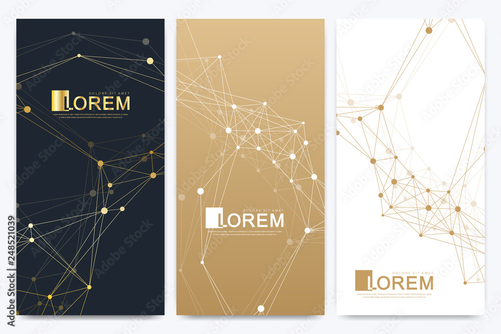 Poster Modern set of vector flyers. Molecule and communication background. Geometric abstract golden package. Connected line with dots. Golden design in trendy linear style