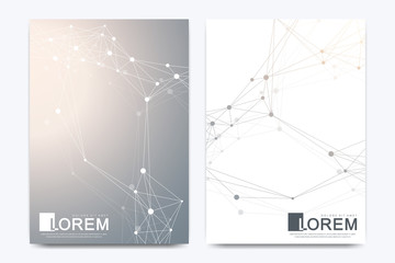 Modern vector template for brochure, leaflet, flyer, cover, banner, catalog, magazine, or annual report in A4 size. Futuristic science and technology design. Geometric graphic background molecule