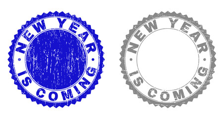 Grunge NEW YEAR IS COMING stamp seals isolated on a white background. Rosette seals with grunge texture in blue and gray colors.