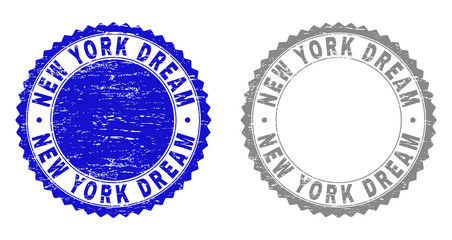 Grunge NEW YORK DREAM stamp seals isolated on a white background. Rosette seals with distress texture in blue and gray colors.