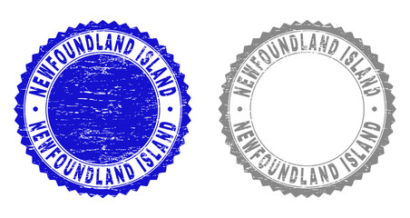 Grunge NEWFOUNDLAND ISLAND stamp seals isolated on a white background. Rosette seals with distress texture in blue and gray colors.
