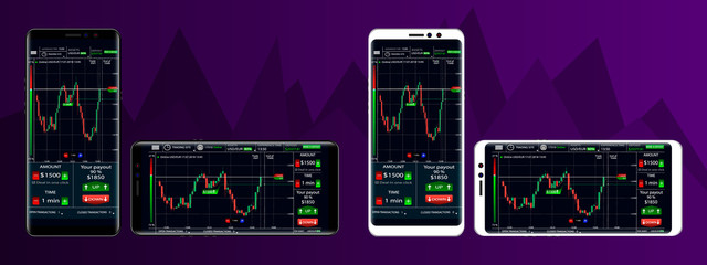 Trade on your smartphone screen. Exchange on the screen, a set of black and white phones on a purple  background with diagrams.