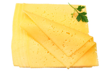 cheese slices with parsley isolated on white background. top view