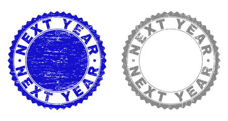 Grunge NEXT YEAR stamp seals isolated on a white background. Rosette seals with grunge texture in blue and grey colors. Vector rubber overlay of NEXT YEAR label inside round rosette.