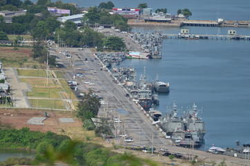 View of Sattahip Naval Base in Thailand, viewed from the top of the mountain	
