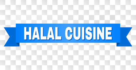 HALAL CUISINE text on a ribbon. Designed with white title and blue stripe. Vector banner with HALAL CUISINE tag on a transparent background.
