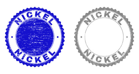 Grunge NICKEL stamp seals isolated on a white background. Rosette seals with distress texture in blue and gray colors. Vector rubber stamp imprint of NICKEL caption inside round rosette.