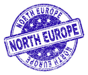 NORTH EUROPE stamp seal imprint with grunge effect. Designed with rounded rectangles and circles. Blue vector rubber print of NORTH EUROPE text with grunge texture.