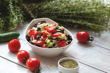 Barley Noodles Salad with vegetables and olives