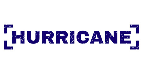 HURRICANE text seal print with corroded effect. Text tag is placed inside corners. Blue vector rubber print of HURRICANE with corroded texture.