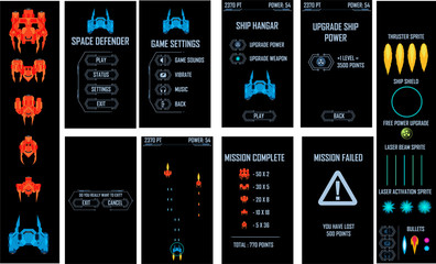 Space ship video game vector pack. All screens and elements included