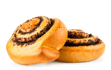Two buns with poppy seeds close up on a white. Isolated.