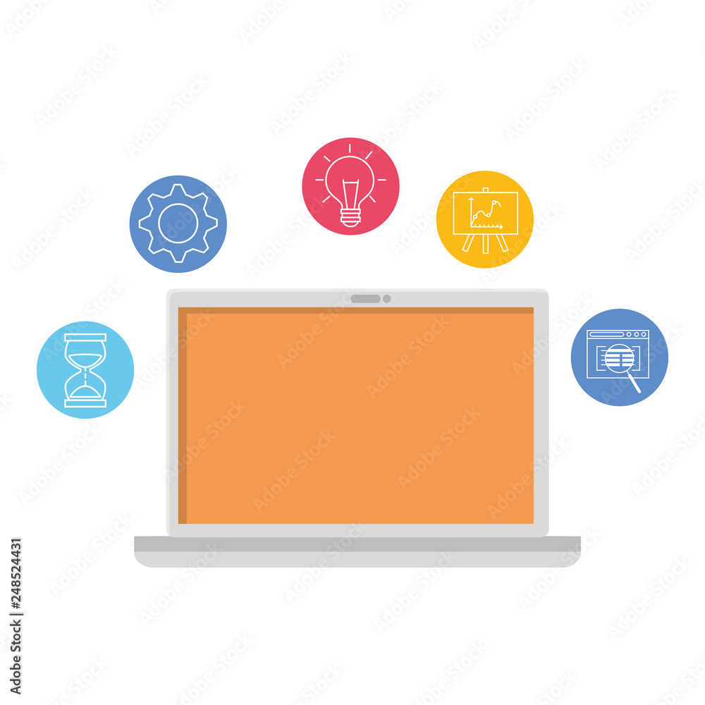 Sticker laptop with set business icons