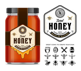 Honey glass jar mockup with label and icons