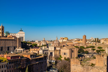 Fototapeta na wymiar The cityscape skyline of Rome viewed from Palatine hill, Roman Forum, Italy