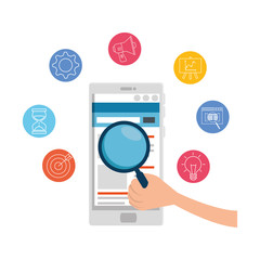 smartphone with magnifying glass and business icons