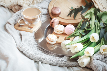 Obraz na płótnie Canvas Still-life morning breakfast with coffee and macaroon