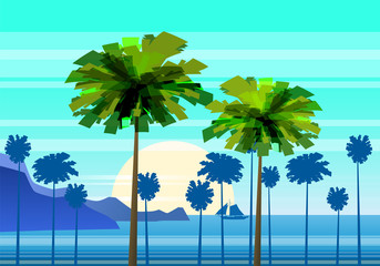 Summer sunny tropical backgrounds seascape with palms seaside, mountanes sky horison, sunset. Vector illustration, isolated, template